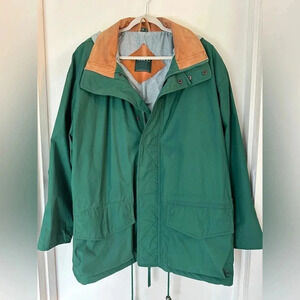 Andrew Marc hunter green hooded wind jacket leather collar men’s large